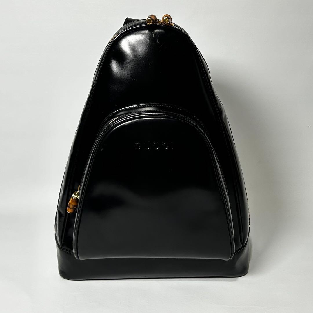 【良品】 GUCCI バンブー エナメル ボディーバッグ ロゴ型押し 黒 OLD