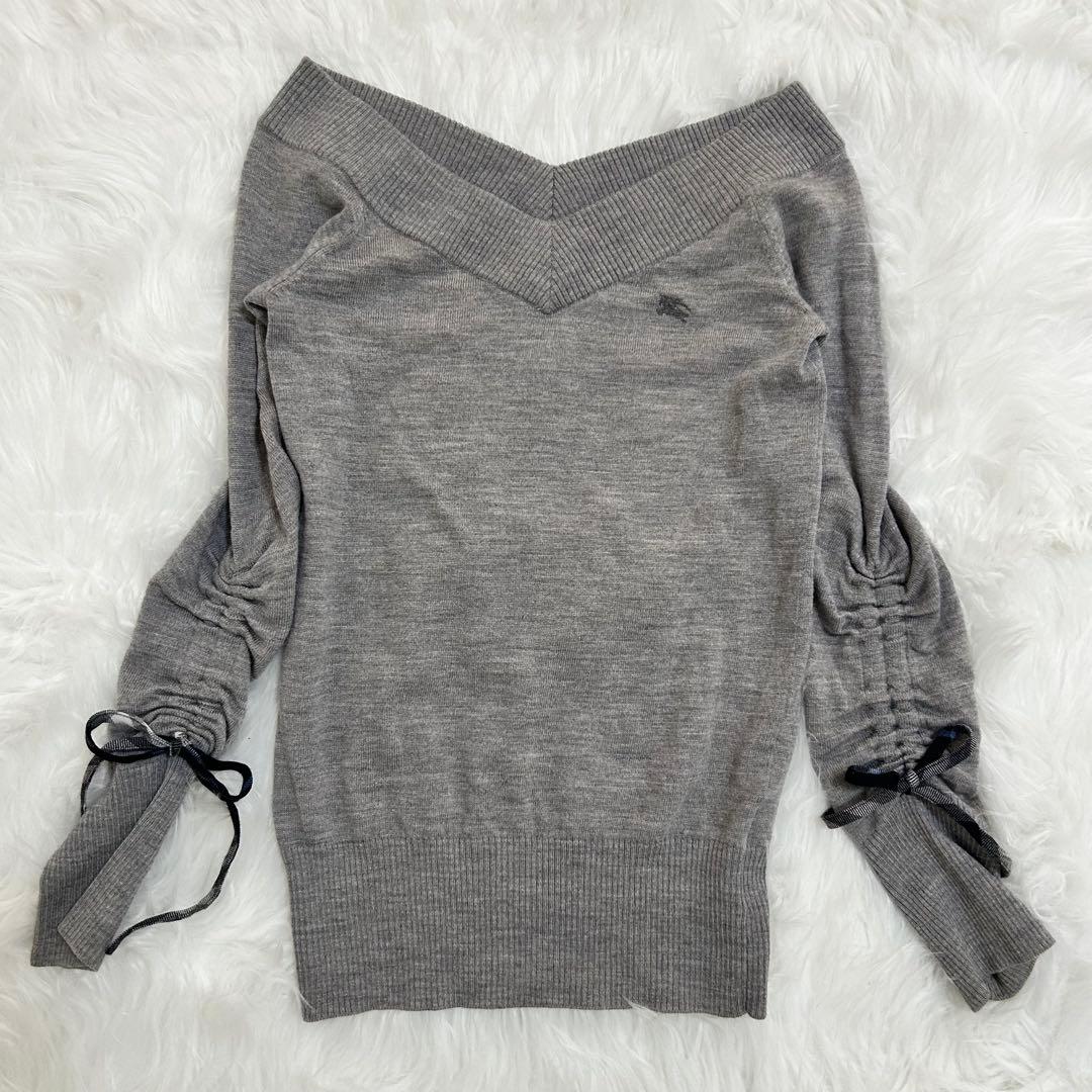 BURBERRY BLUE LABEL Vネックニット グレー リボン袖　M