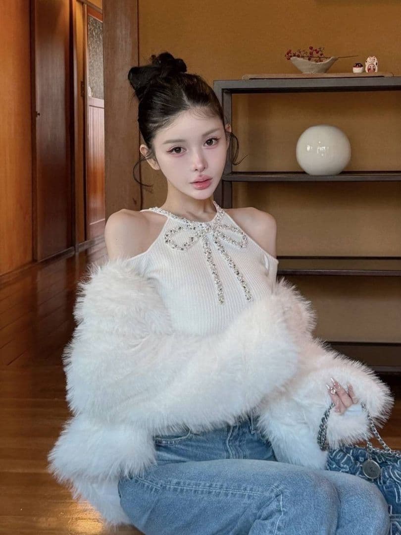 ダーリッチ リボンビジューアメスリニットトップス アイボリー