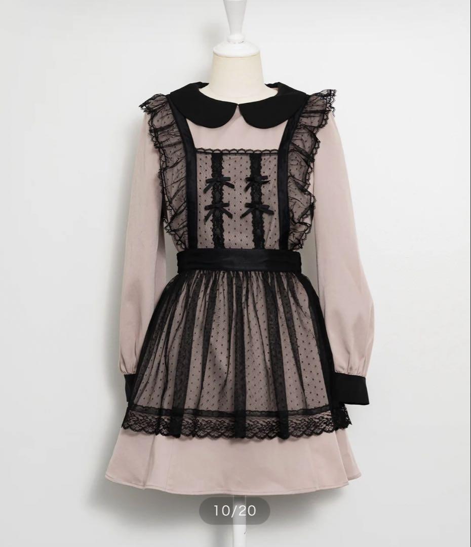 pium チュールエプロン付き丸襟ワンピース ピンク ピウム