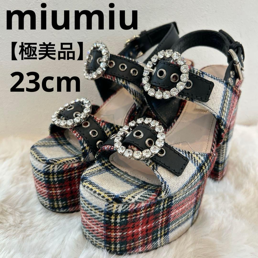 美品　miu miu ミュウミュウ 厚底 サンダル ビジュー チェック柄 36