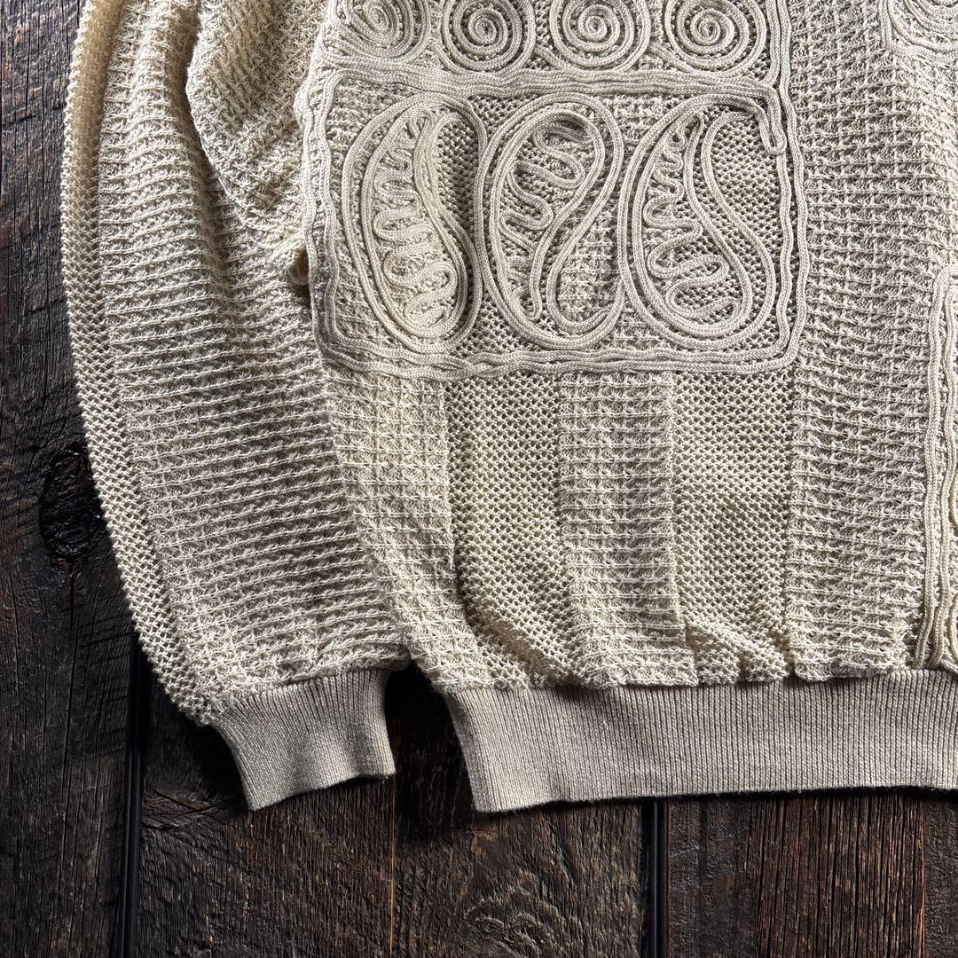 古着　サンタフェ　3Dニットアイボリー　ペイズリー　XL シアニット　リネン混.