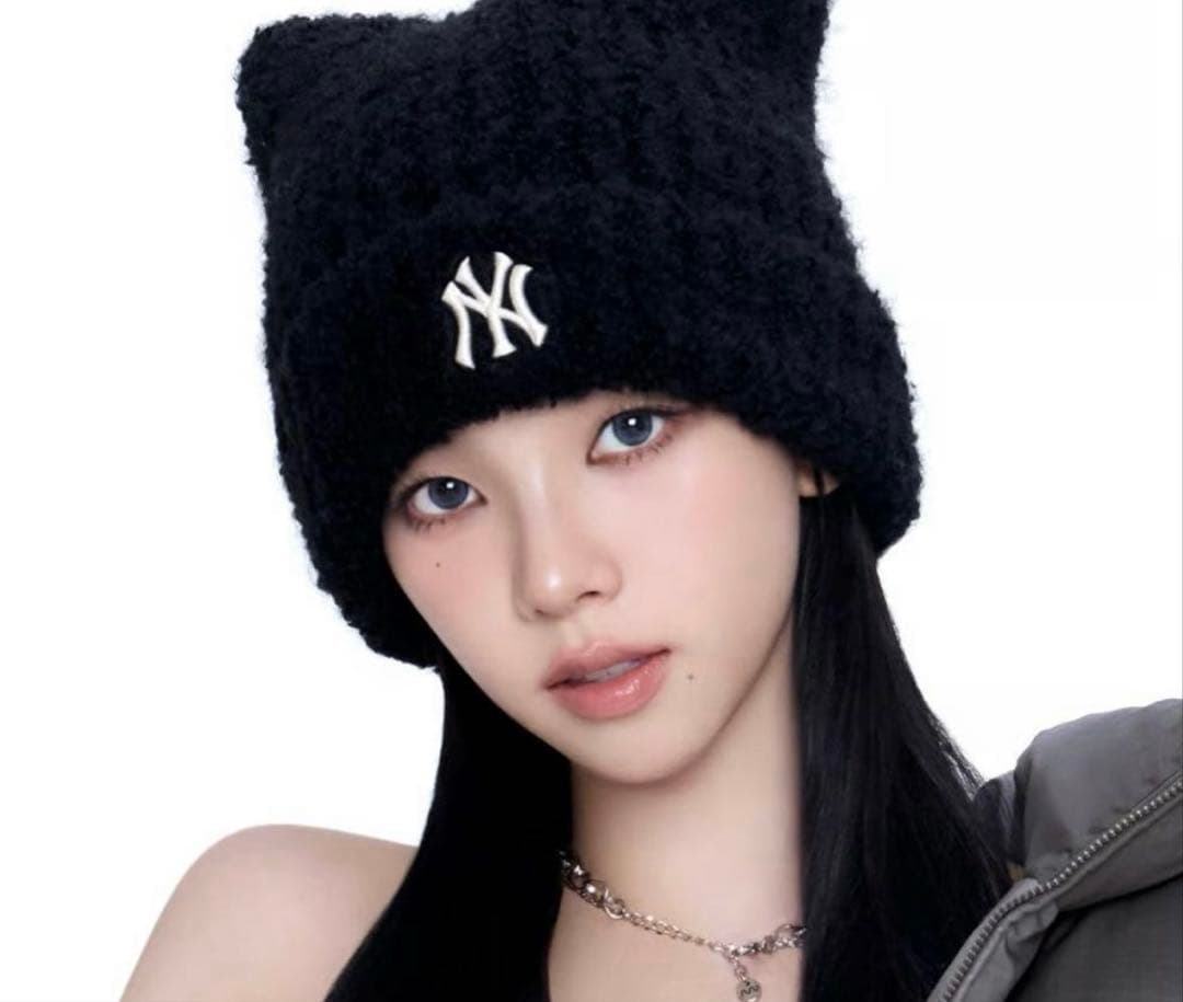 MLB 韓国限定　韓国　人気　aespa エスパ　カリナ　猫耳　ニット帽　黒