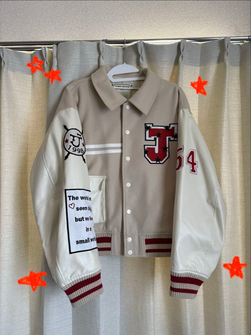 スタジャン 刺繍ロゴ ベージュ/ホワイト