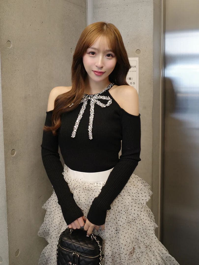 新品タグ付き ダーリッチ リボンビジューアメスリニットトップス ブラック フリー