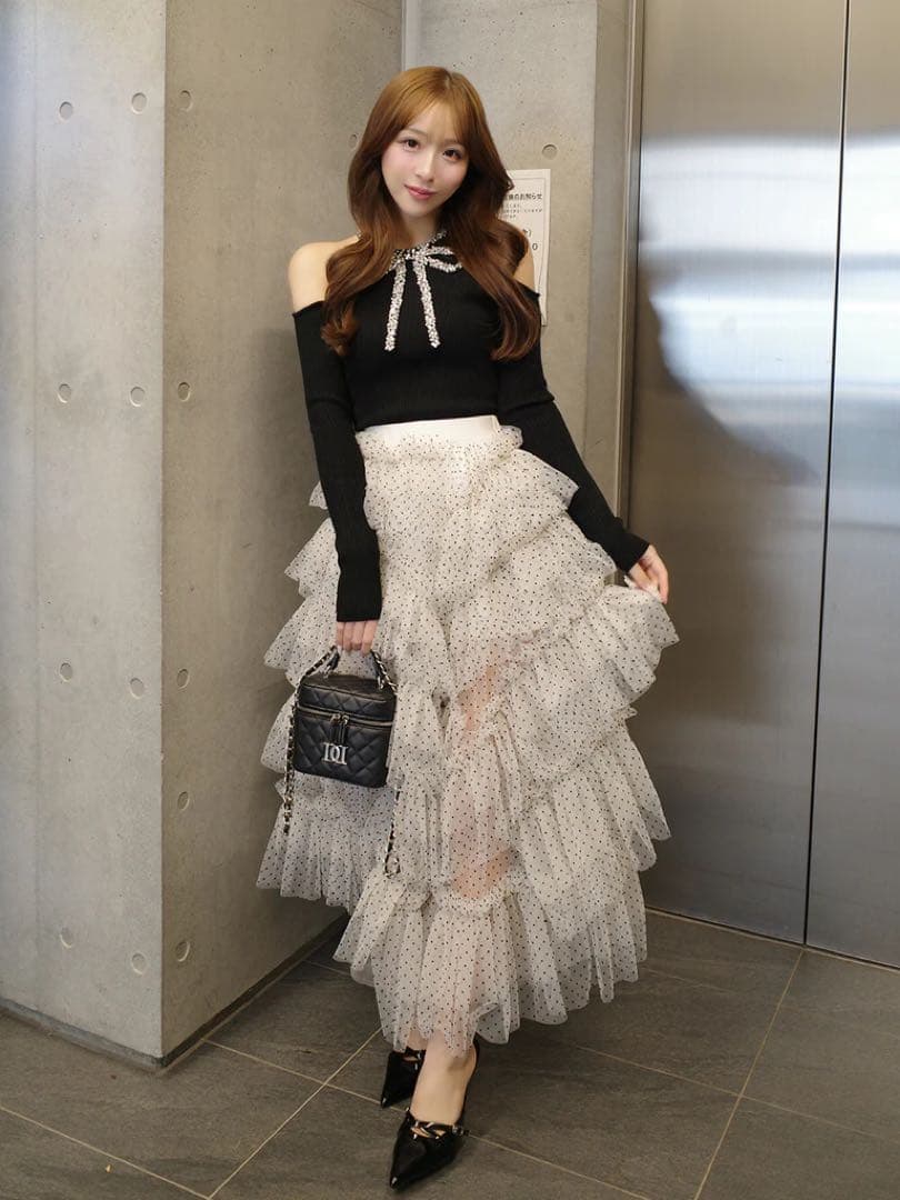 新品タグ付き ダーリッチ リボンビジューアメスリニットトップス ブラック フリー