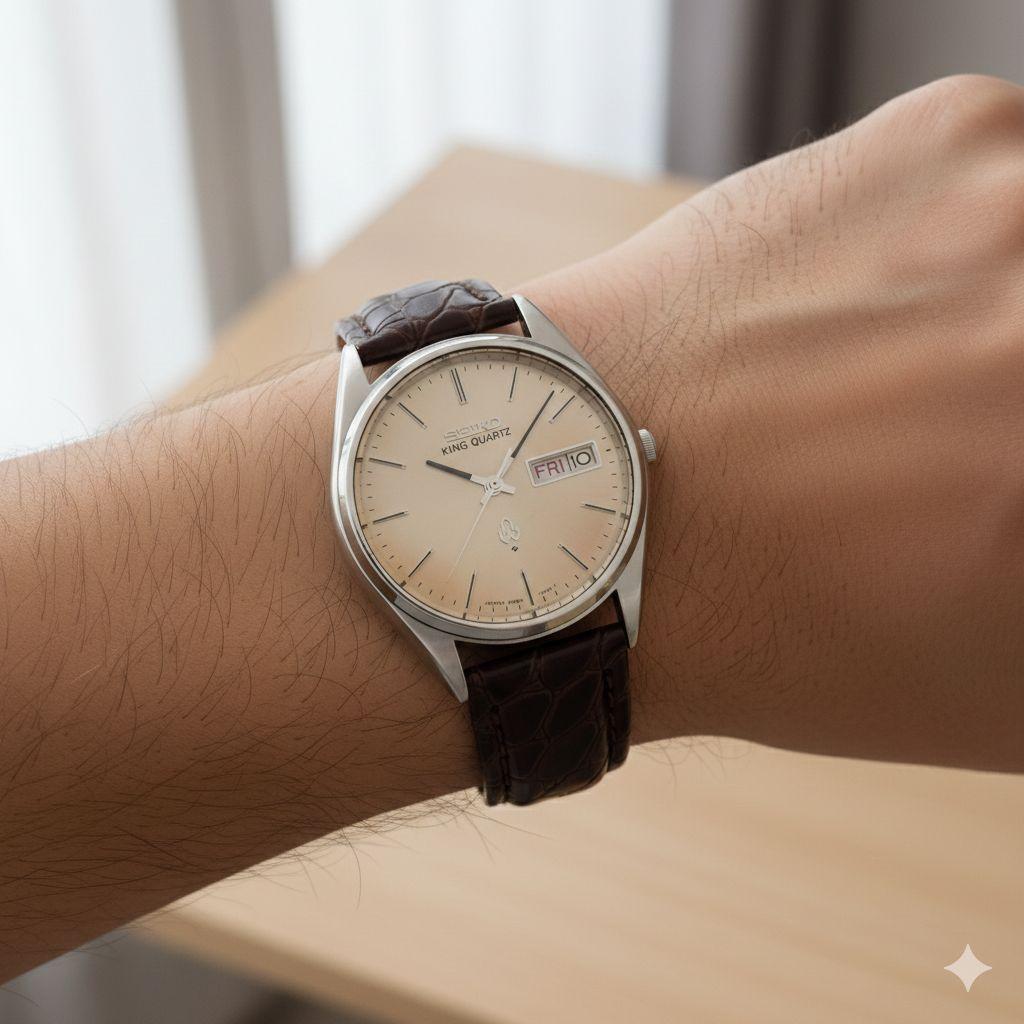 ​高級機電池交換済セイコー キングクォーツ 4823-8110 新品レザーベルト