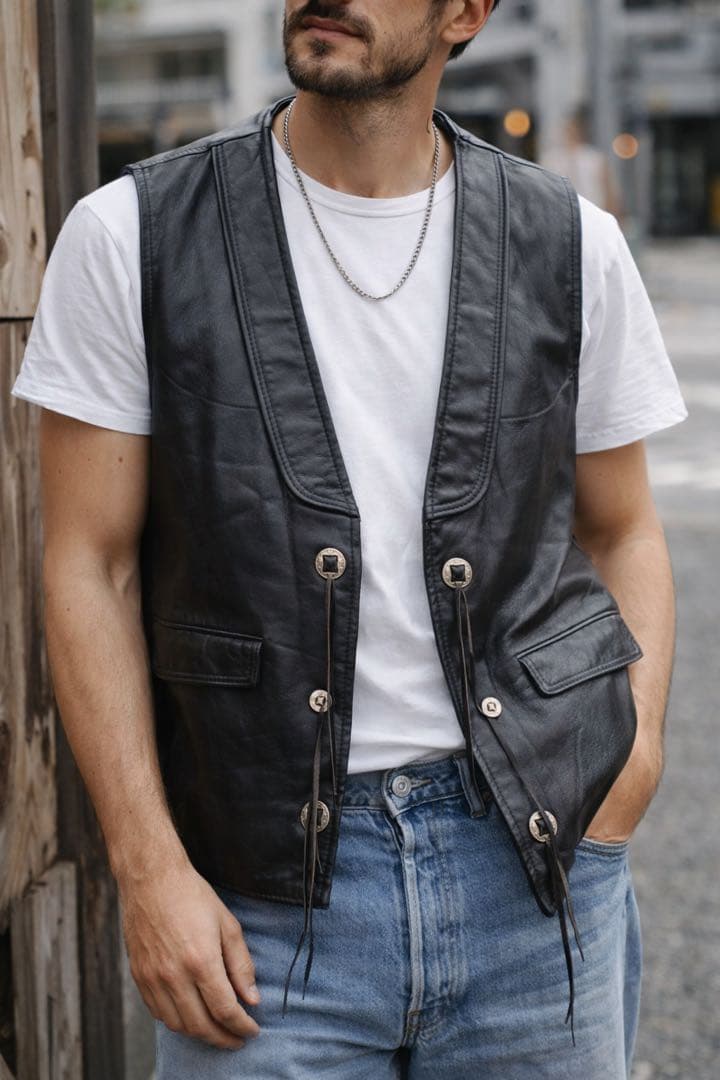 ノ*チ様 90s Schott レザーベスト WESTERN USA製 本革 黒