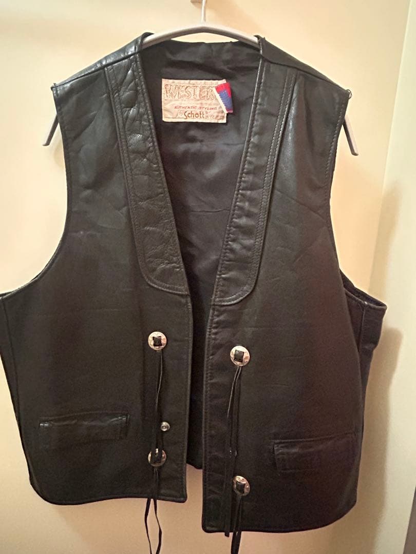 ノ*チ様 90s Schott レザーベスト WESTERN USA製 本革 黒