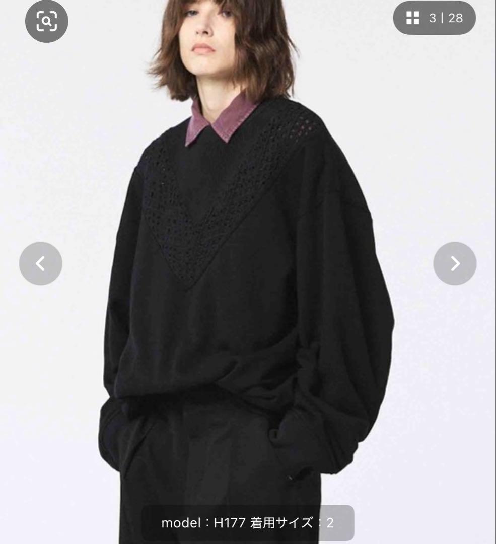 レース編みＶ切替コンビネーションスウェットクルーネックプルオーバメゾンスペシャル