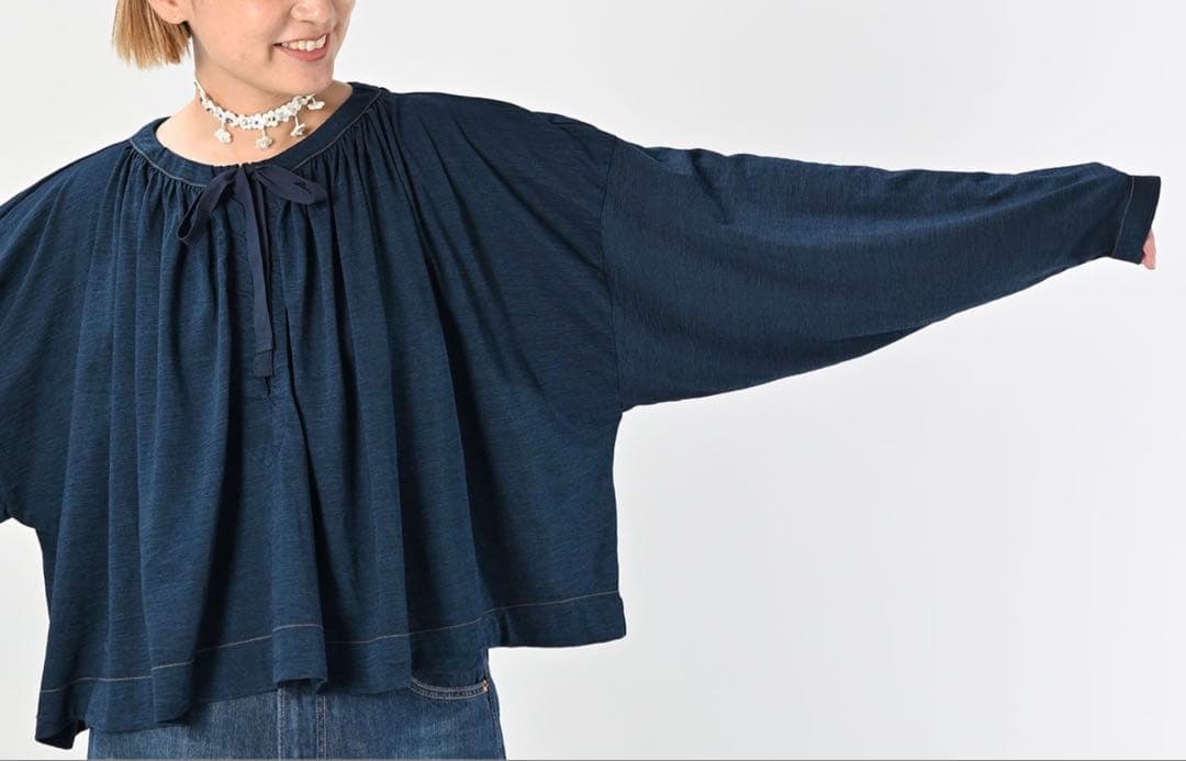 45R45rpm スーピマ天竺のギャザーブラウス(インディゴ)