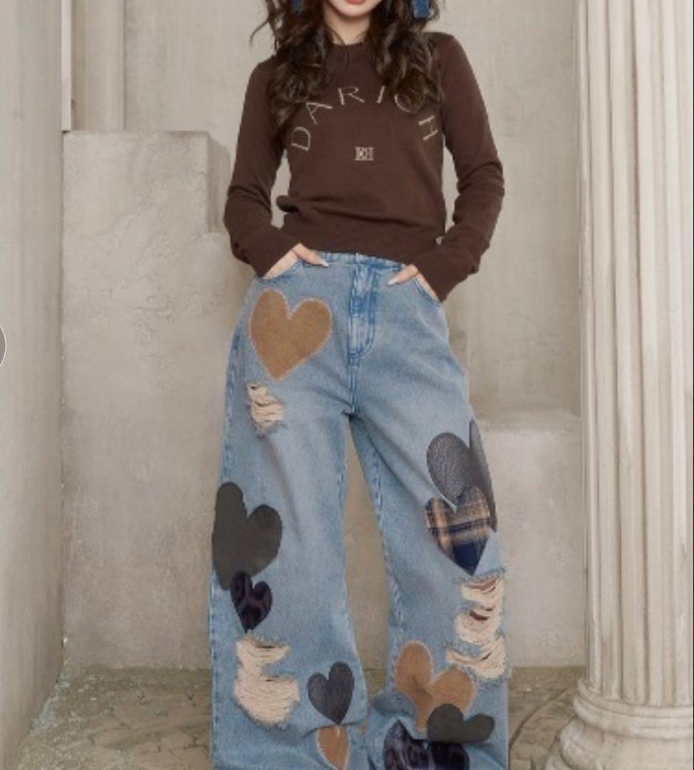 ダーリッチ　ランダムハートパッチワークデニムパンツ