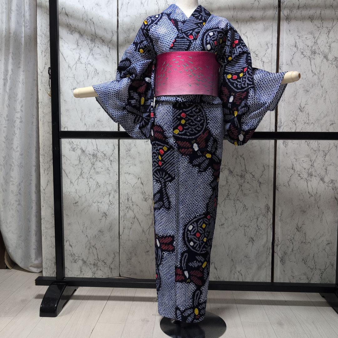 【有松絞り】赤とんぼ、うちわ柄、帯めだか♡ 居敷き当て、肩当て有り