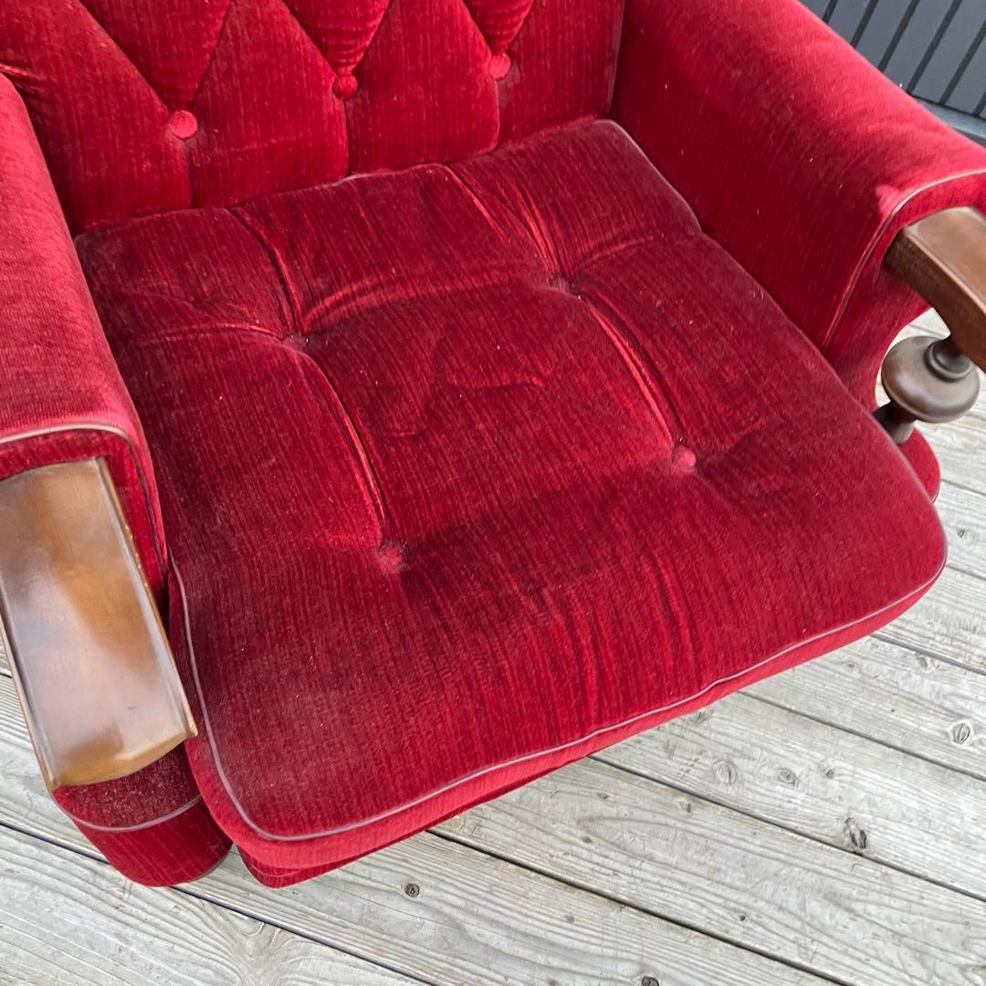 ① 昭和レトロ 古家具 一人掛けベロアソファー アームチェア ヴィンテージ 赤