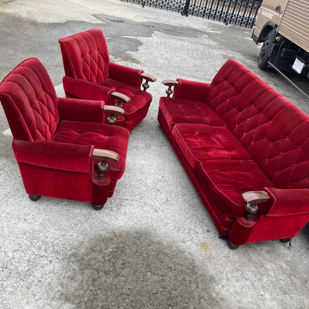 ① 昭和レトロ 古家具 一人掛けベロアソファー アームチェア ヴィンテージ 赤