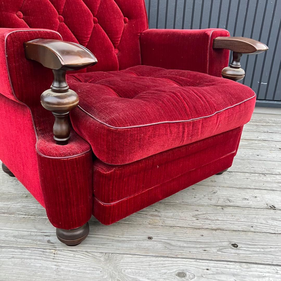 ① 昭和レトロ 古家具 一人掛けベロアソファー アームチェア ヴィンテージ 赤