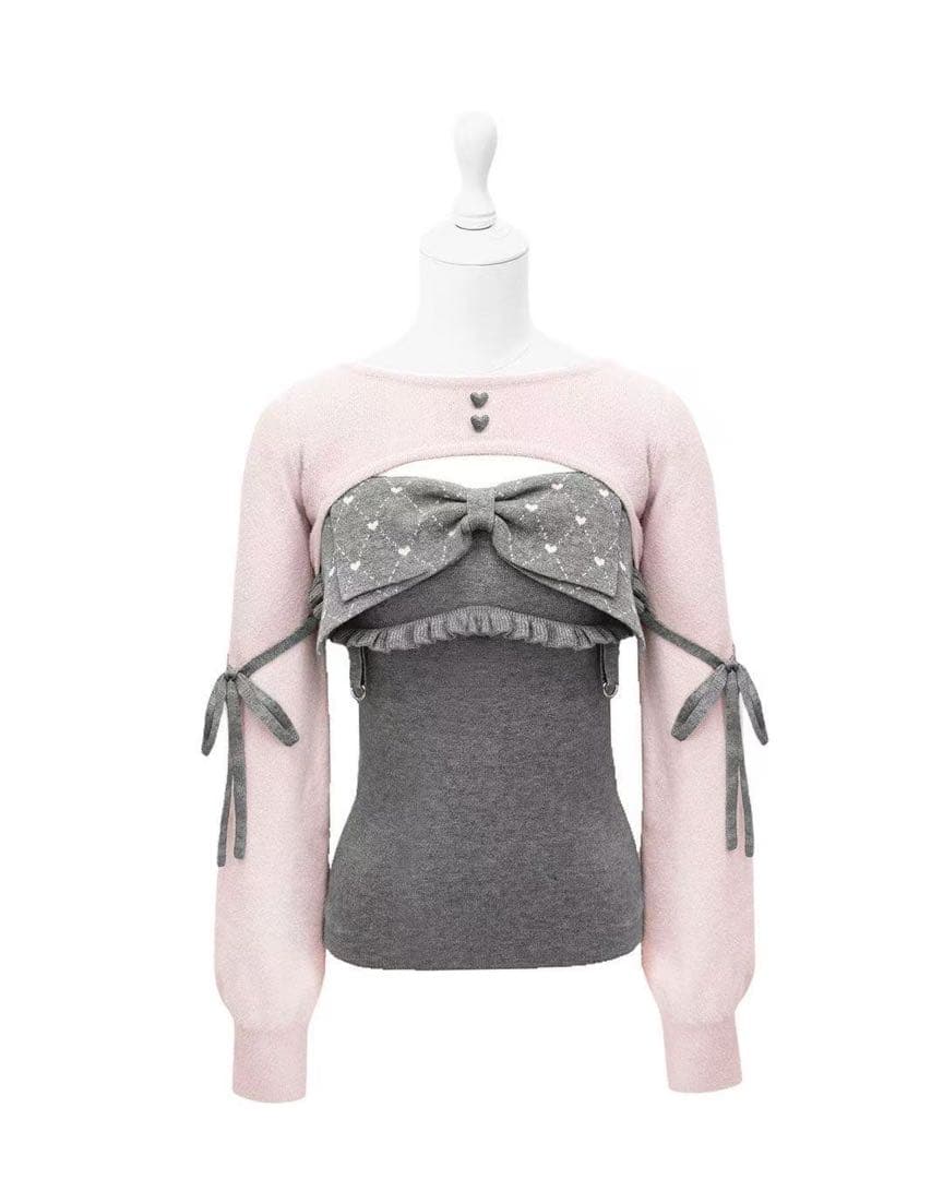 新品 HONEYMEW ビッグリボンガーター風アンサンブルトップス フリーサイズ