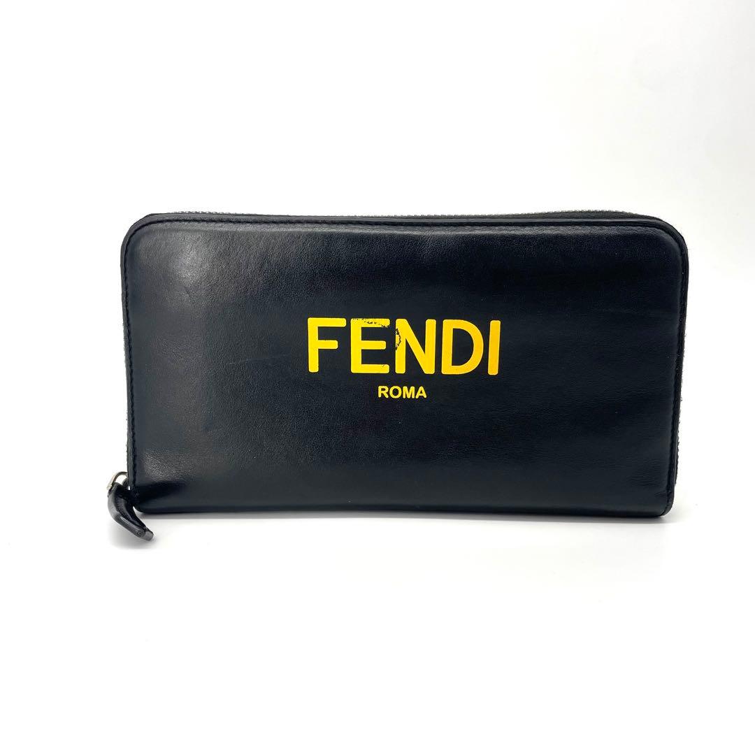 美品✨FENDI レザー 長財布 ラウンドファスナー イエローロゴ