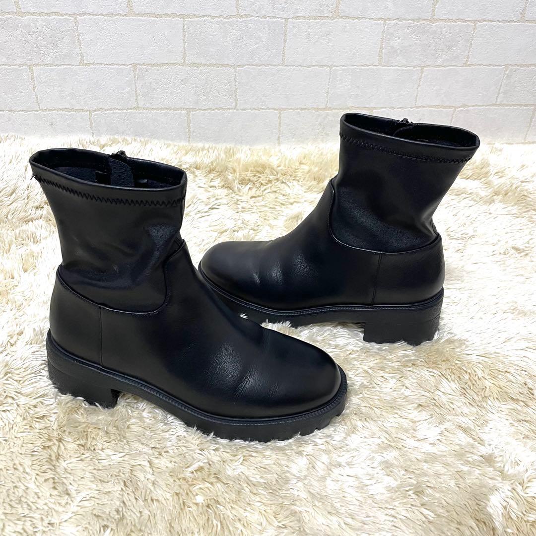 ヌエール　NOUER レザー ブラック ショートブーツ　23cm サイドゴア