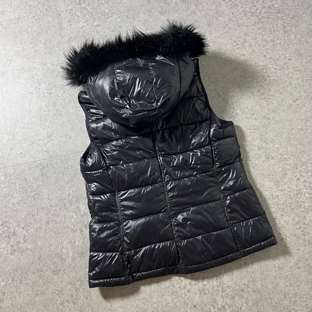 GAP ギャップ ダウンベスト フード ファー 黒 光沢 Y2K 平成ギャル