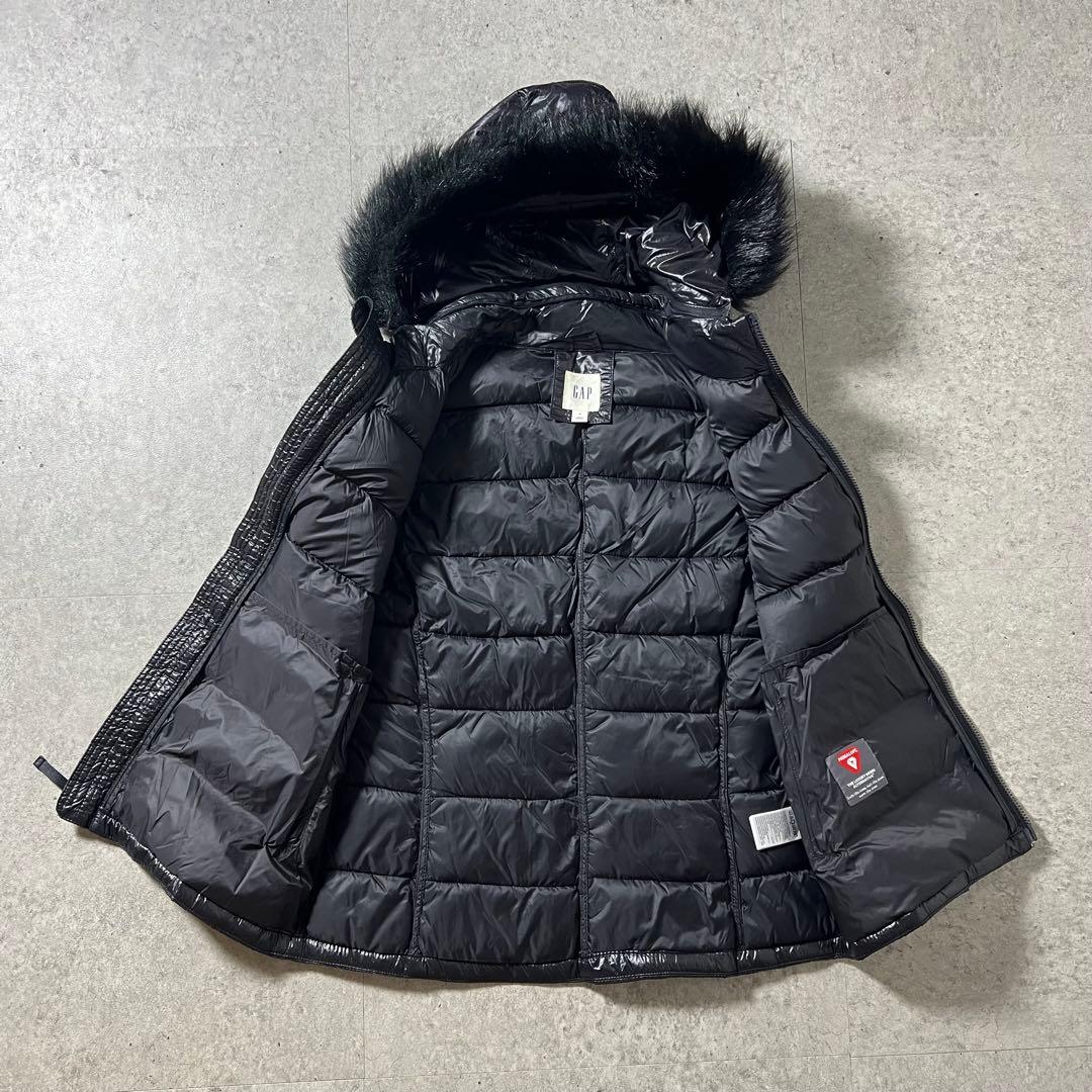 GAP ギャップ ダウンベスト フード ファー 黒 光沢 Y2K 平成ギャル