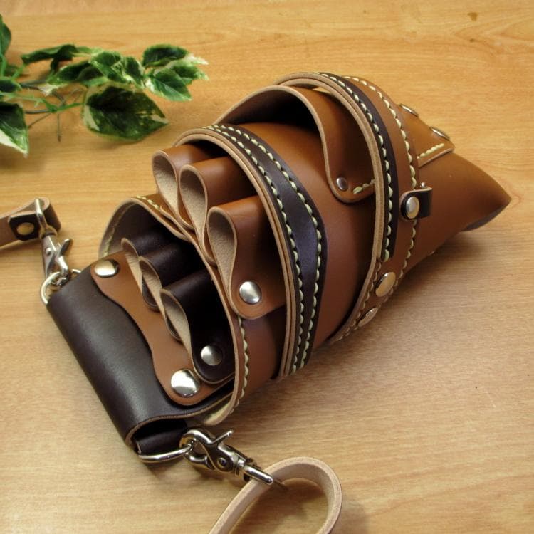 キャメル＆焦げ茶　６丁　革ベルト付き　本革シザーケース　SCL-154/CCA