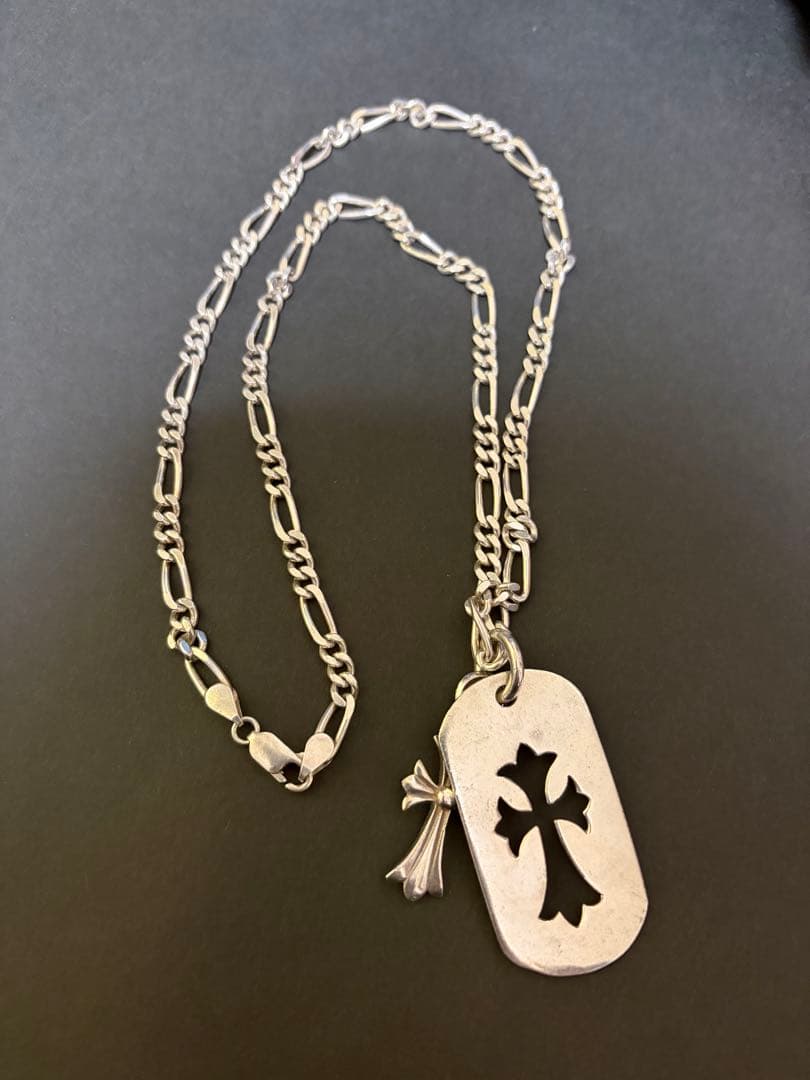 シルバー925 クロス タグ ペンダント ネックレス フィガロチェーン