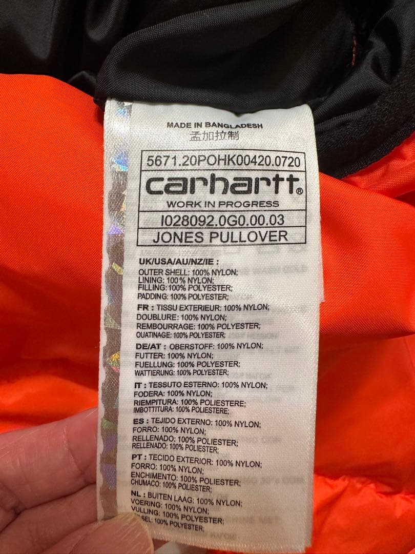 美品/Carhartt オレンジ 中綿ジャンパーフード付き カーハート