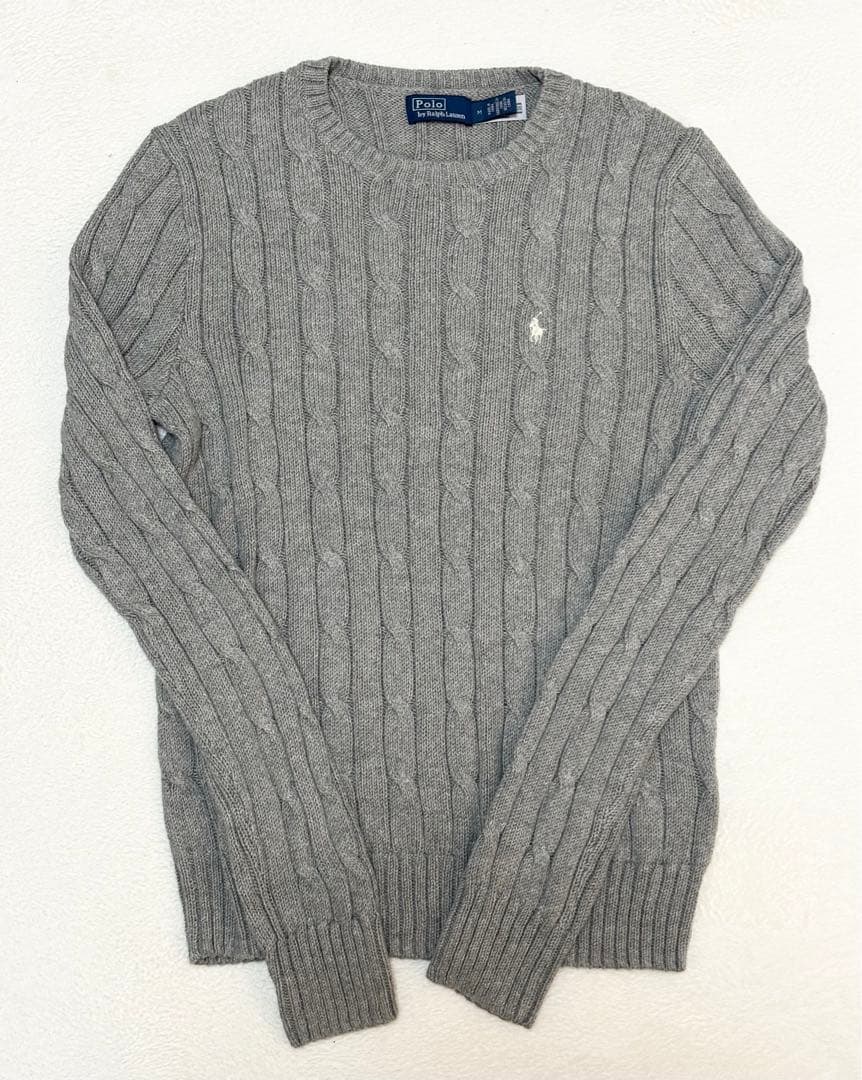 ポロ ラルフ ローレ　ケーブルニットコットンクルーネックセーター　グレー