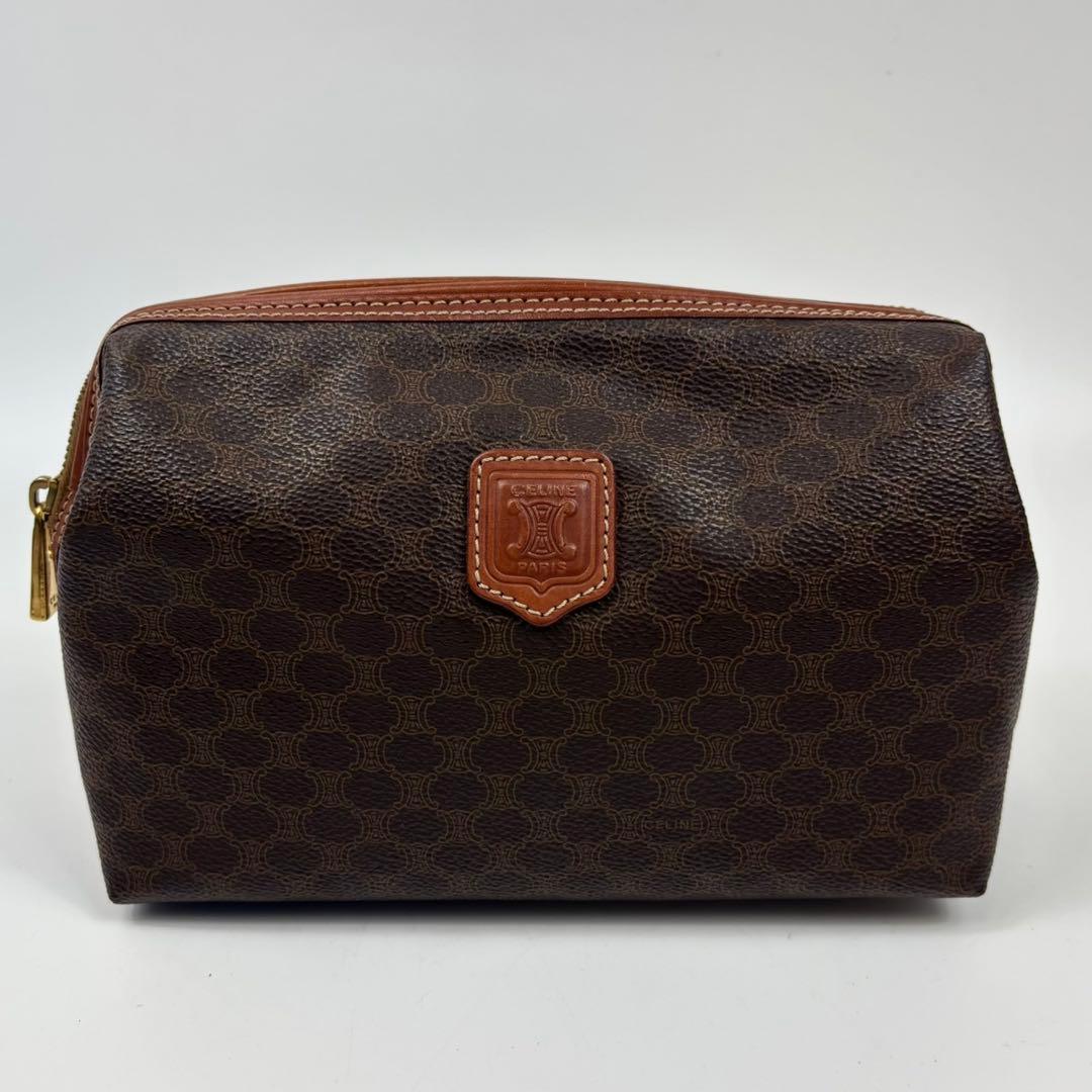 【美品✨】CELINE セリーヌ　ポーチ　マカダム柄　PVC×レザー　ブラウン