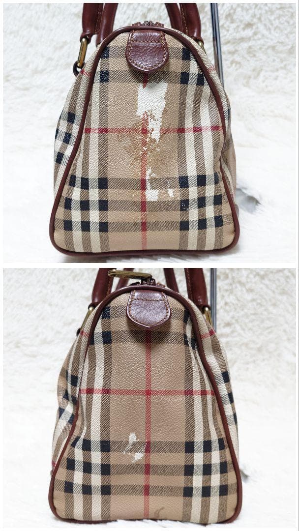 バーバリー ミニボストン ハンドバッグ ノバチェック PVC レザー ブラウン