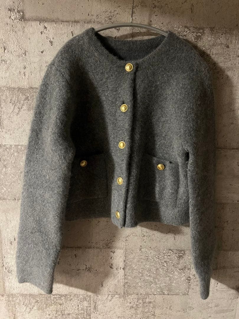 ラクーンブレンドノーカラーニットジャケット anuans アニュアンス