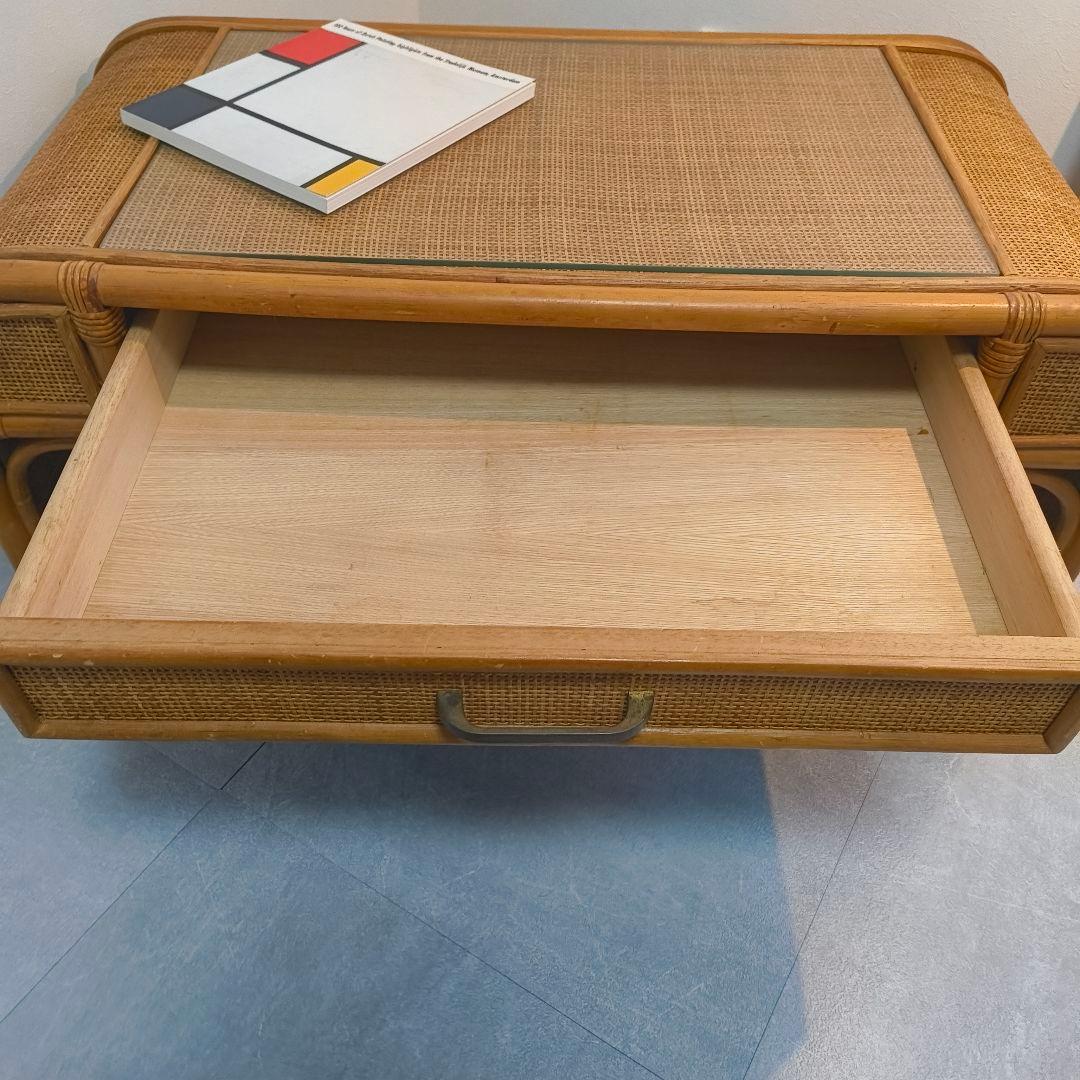 ヴィンテージ　ラタン座卓 ガラス天板 引き出し　書斎　レトロ　籐　韓国