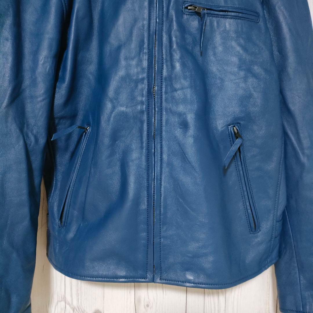 レザージャケット シングルライダース 本革 ラムレザー 羊革 青 XL