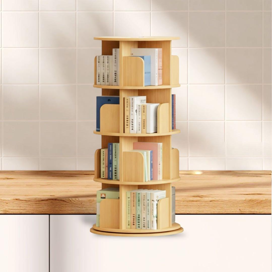 回転本棚 大容量 絵本 収納 モダン天然木 A4 おしゃれ 回転式本棚 4段