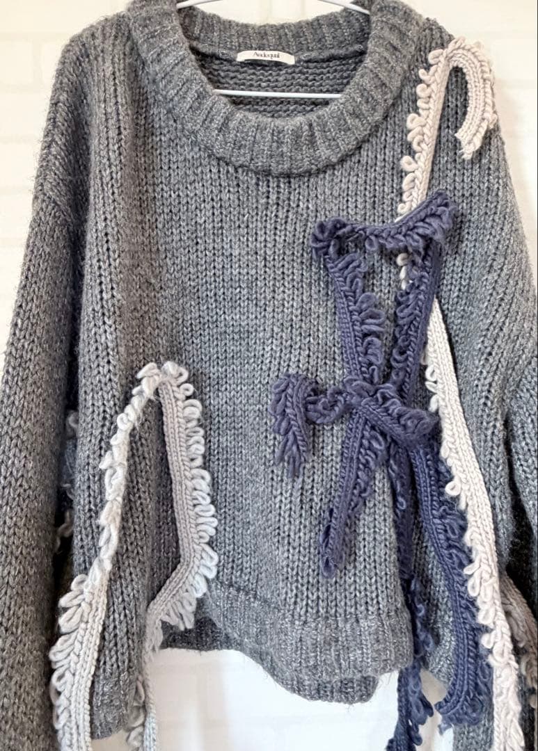 トップス Andequal asymmetry fringe knit gray