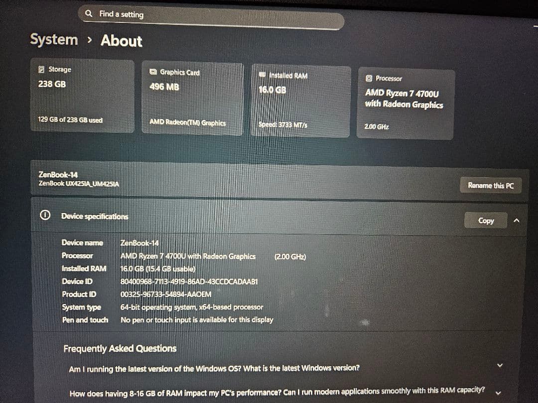 ASUS ZenBook UM425I 訳アリジャンク品