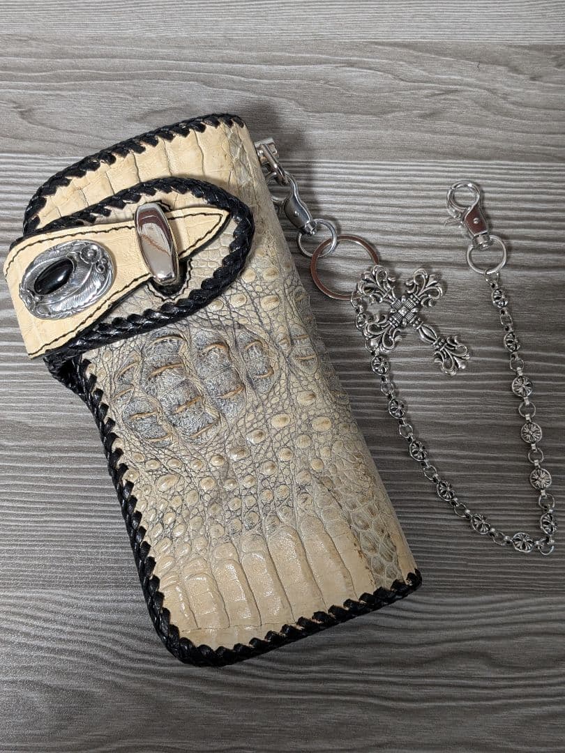 本革 長財布 シルバー925オニキスコンチョウォレットチェーンロングウォレット