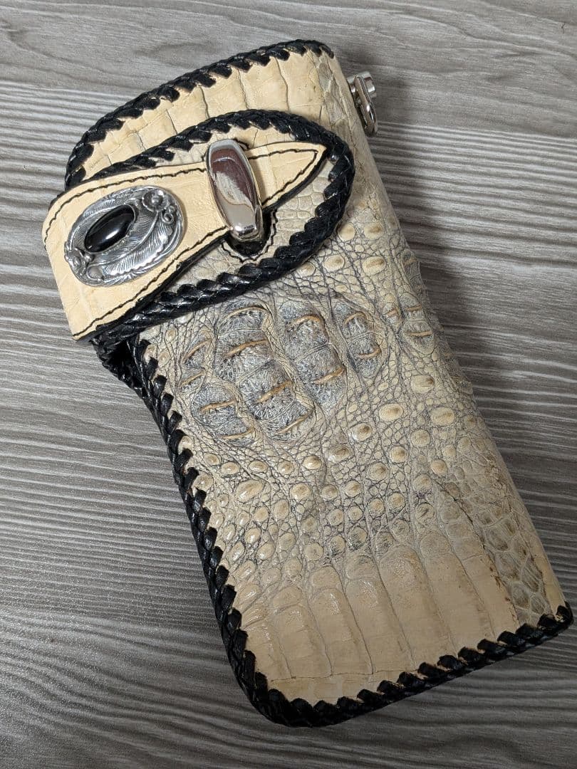 本革 長財布 シルバー925オニキスコンチョウォレットチェーンロングウォレット