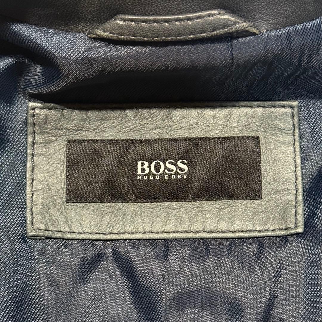 希少カラー ネイビー系 ヒューゴボス シングルライダースジャケット 羊革 M相当