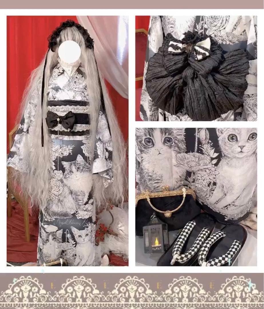  princess Alice猫柄黒白浴衣帯セット