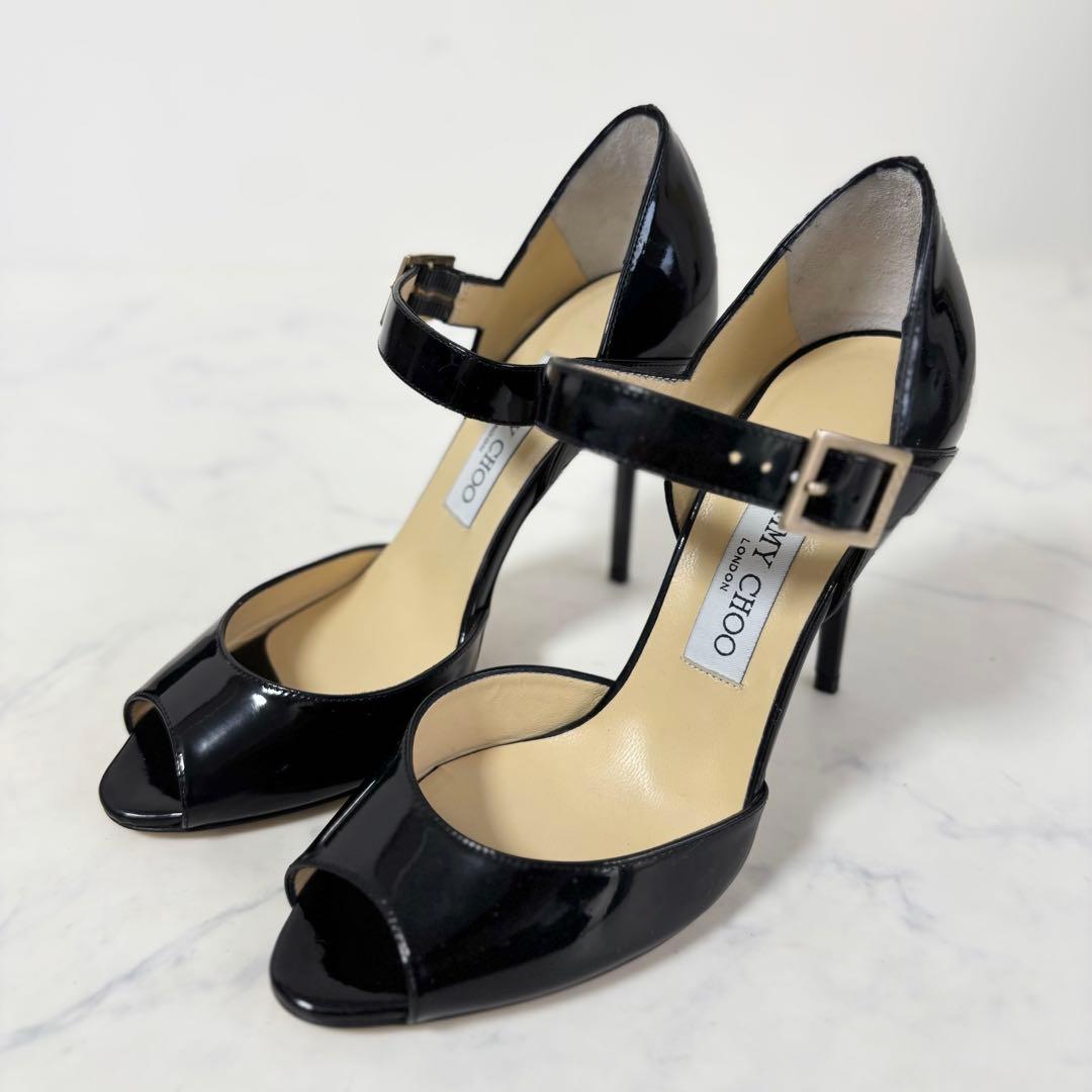 極美品 ジミーチュウ 36.5 オープントゥ ストラップ パンプス エナメル 黒