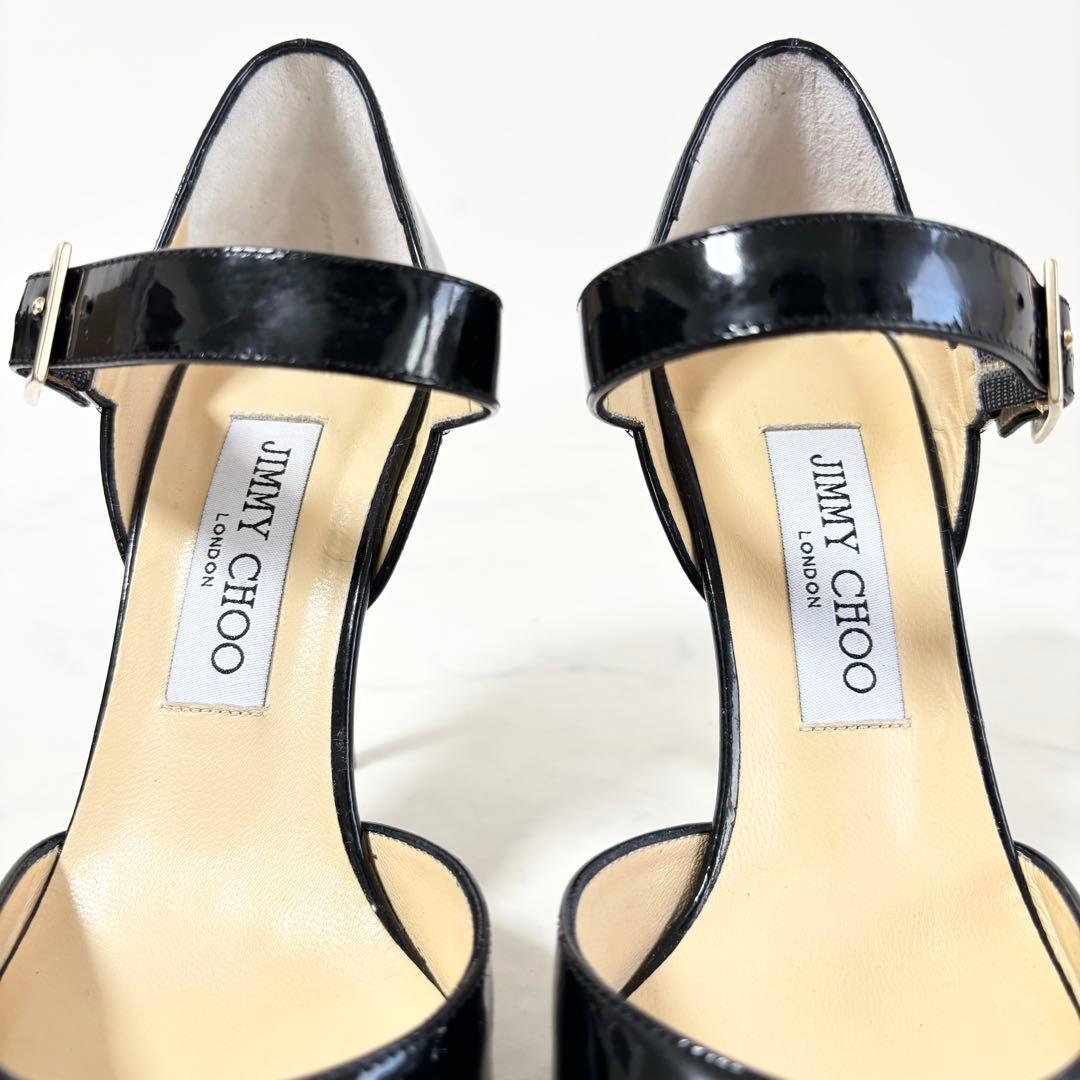 極美品 ジミーチュウ 36.5 オープントゥ ストラップ パンプス エナメル 黒