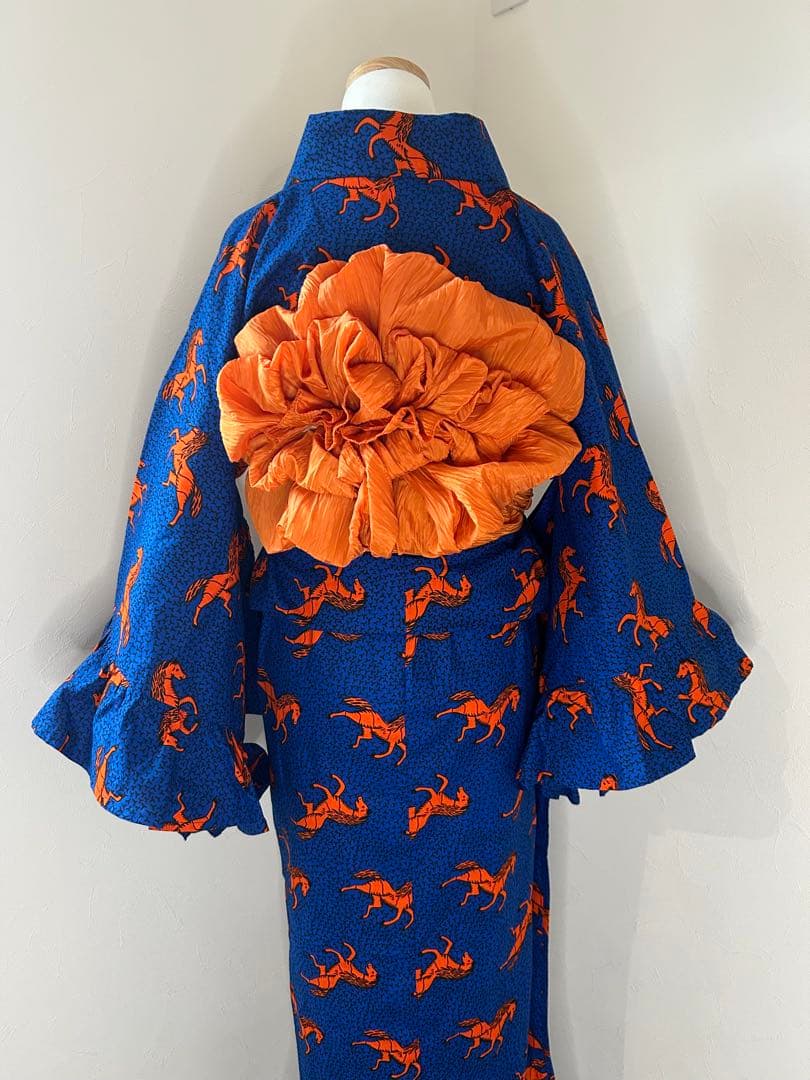 アフリカ布 浴衣 レディース フリル 着物 ハンドメイド 1点もの 馬柄 青