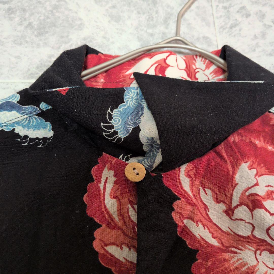 【未使用級】マカナレイ 長袖アロハシャツ M シルク 獅子 牡丹 和柄