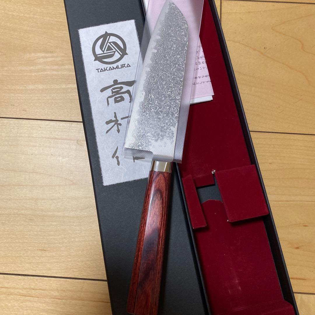 値下げ高村刃物　高村作　 打雲花　紅色ハンドル 三徳包丁 165mm