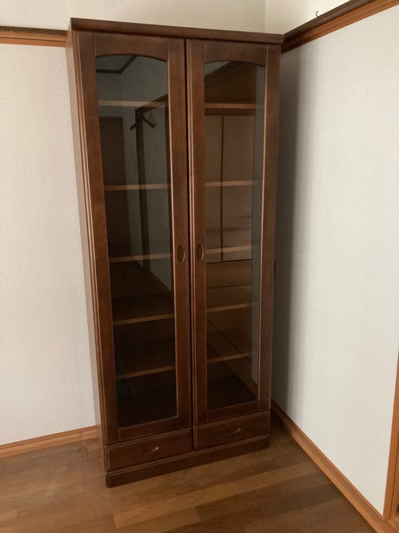 レトロ　ブラウン ガラス扉　本棚 、飾り棚　5段