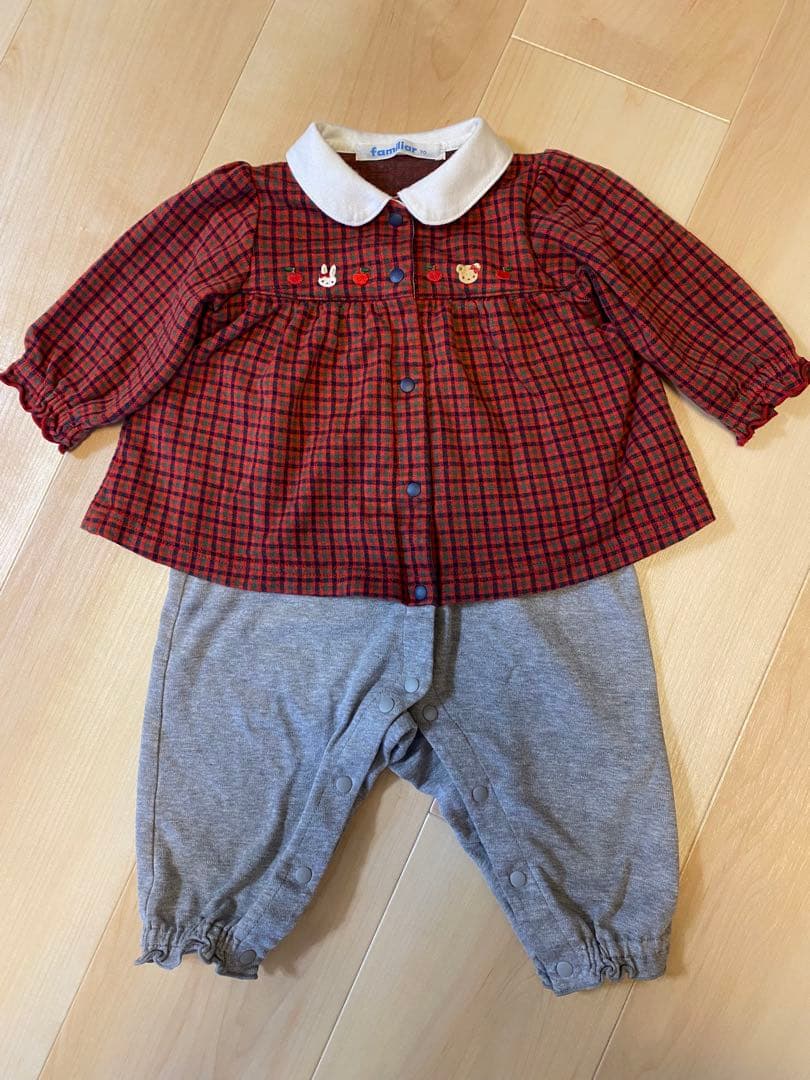 【美品】familiar 赤 チェック柄70cmロンパース(定価18150円)