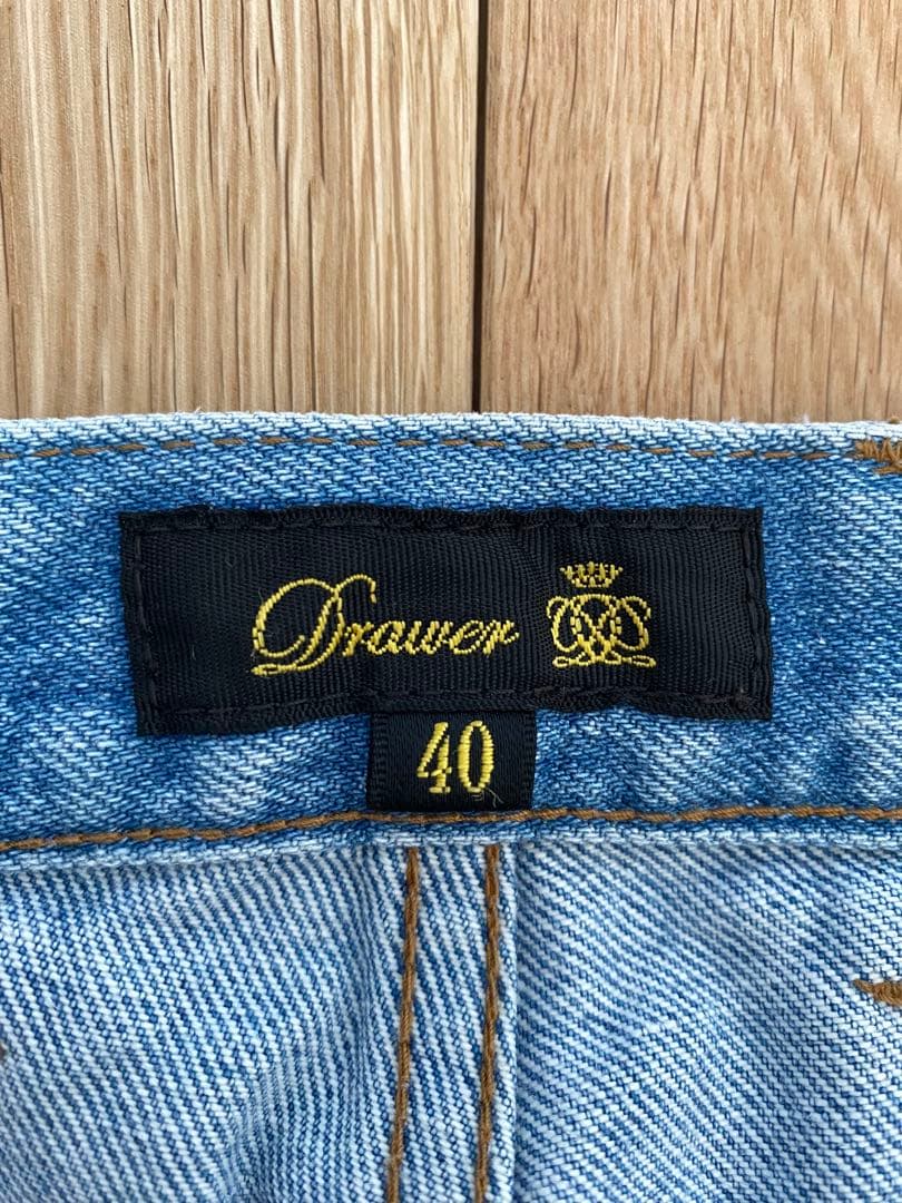 ドゥロワー サイドボタン　ワイドデニム ユーズド加工 ロゴ刺繍 40