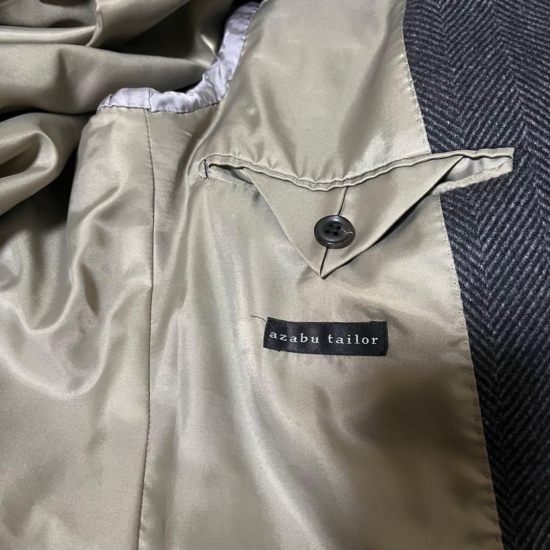 美品　麻布テーラー　カシミヤ混　ダブルチェスターコート　ヘリンボーン柄